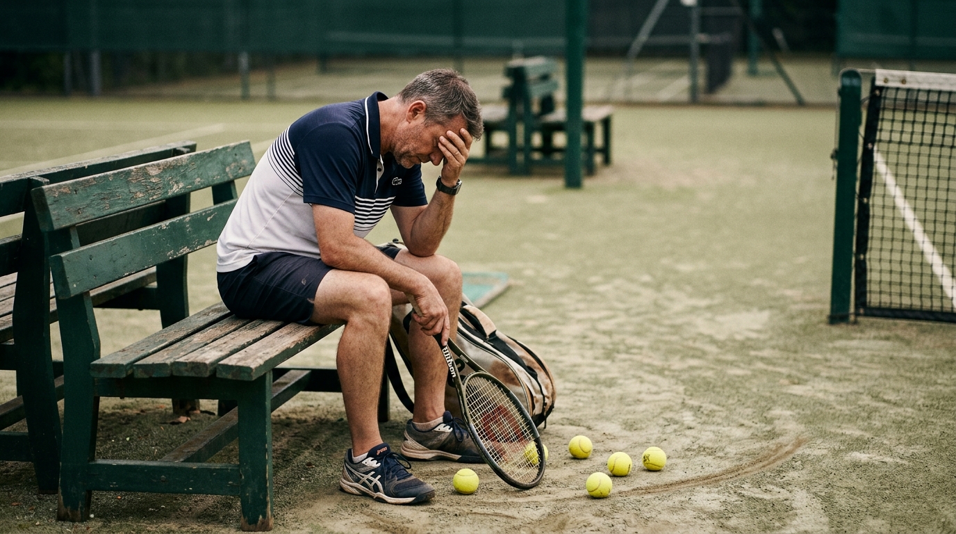 A recreational tennis player sitting court-side after losing a match