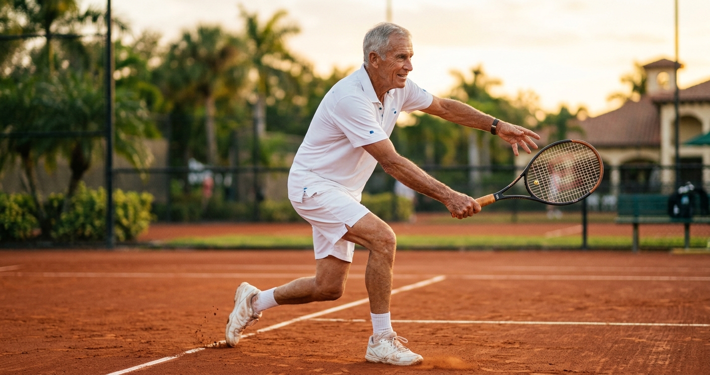 Senior coach demonstrating forehand
